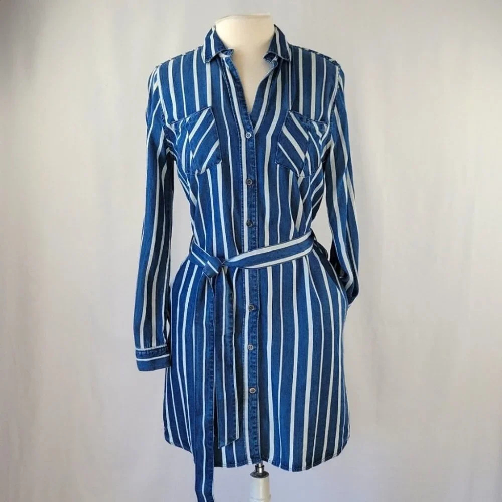 Velvet Heart Button Down Shirt Dress Chambray & White Striped Sz XS NWT